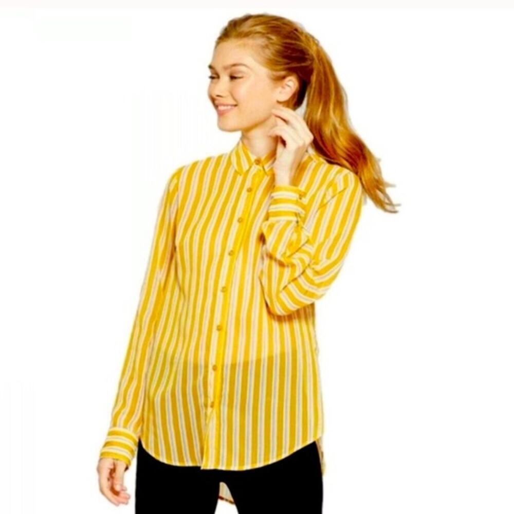 A New Day Golden Yellow & White Striped Long Sleeve Blouse Size Medium🌞🤍🌼